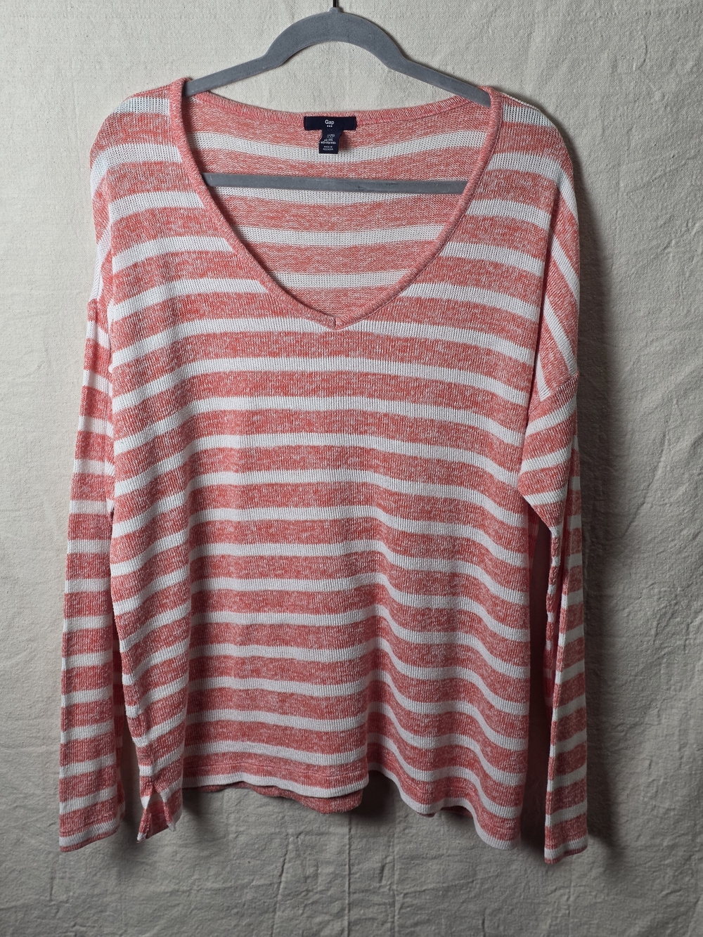 GAP Coral and White Striped V-Neck Lightweight Sweater